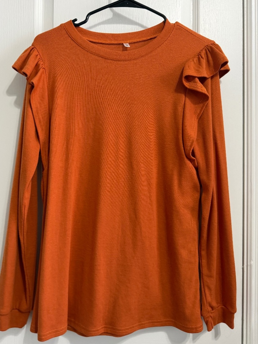 Rust Orange Ruffle Shoulder Long Sleeve Knit Top Blouse Size Medium M